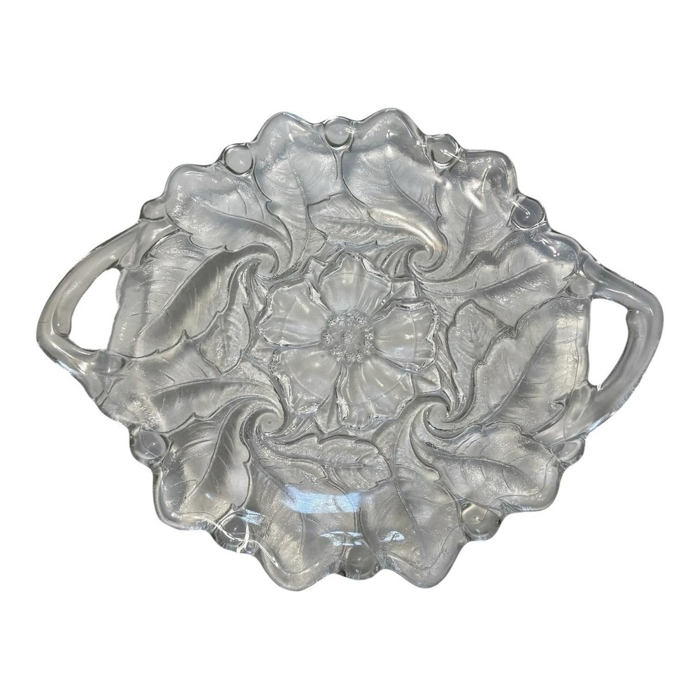 Vintage Indiana Glass Wild Rose Clear Glass Handled Serving Platter Floral 12"